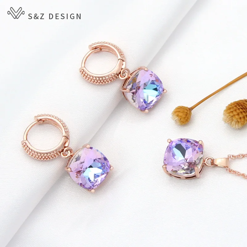 S&Z DESIGN New Fashion Temperament Colorful Square Crystal Dangle Earrings Jewelry Sets For Women Wedding Pendant Necklace Gift