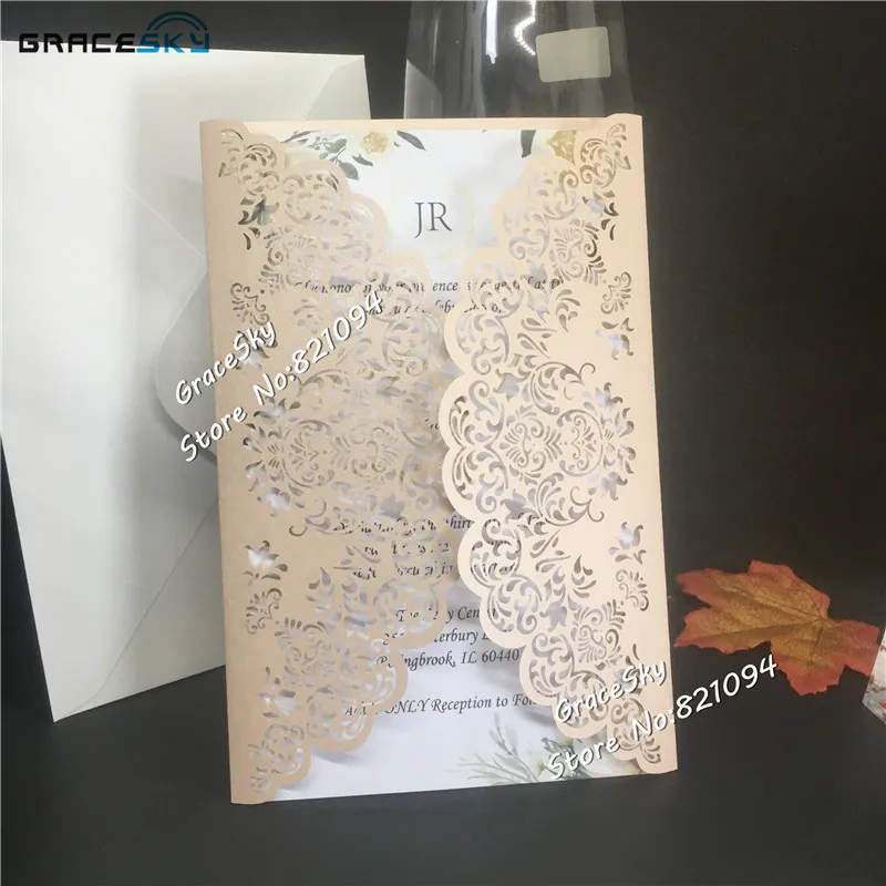 

50pcs free shippig Laser cut 2020 New Lace Flowers wedding invitations Cards,customized text for wedding RSVP invitation cards