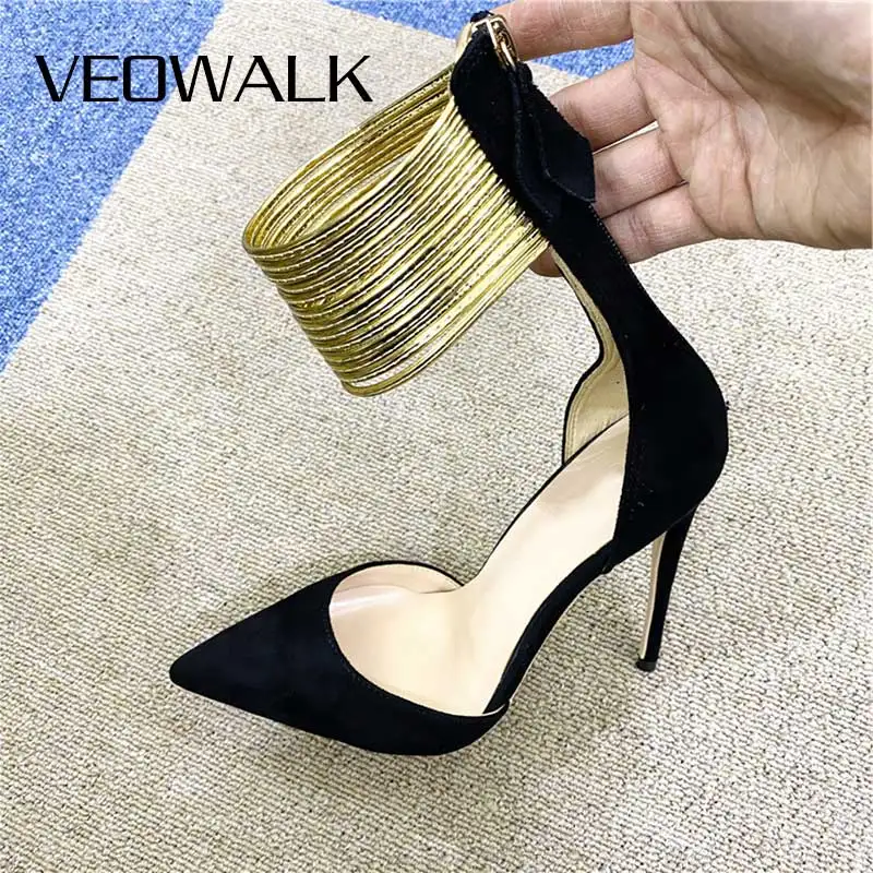 Veowalk Women Black Flock Pointed Toe D'Orsay Stiletto Pumps with Ankle Bracelet Elegant Ladies Party High Heel Shoes Size 44 45