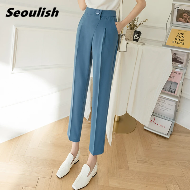 

Seoulish 2021 New Formal Women's Harem Pants Spring Summer Blue Button High Waist Female Workwear Elegant Ankle Length Trouses