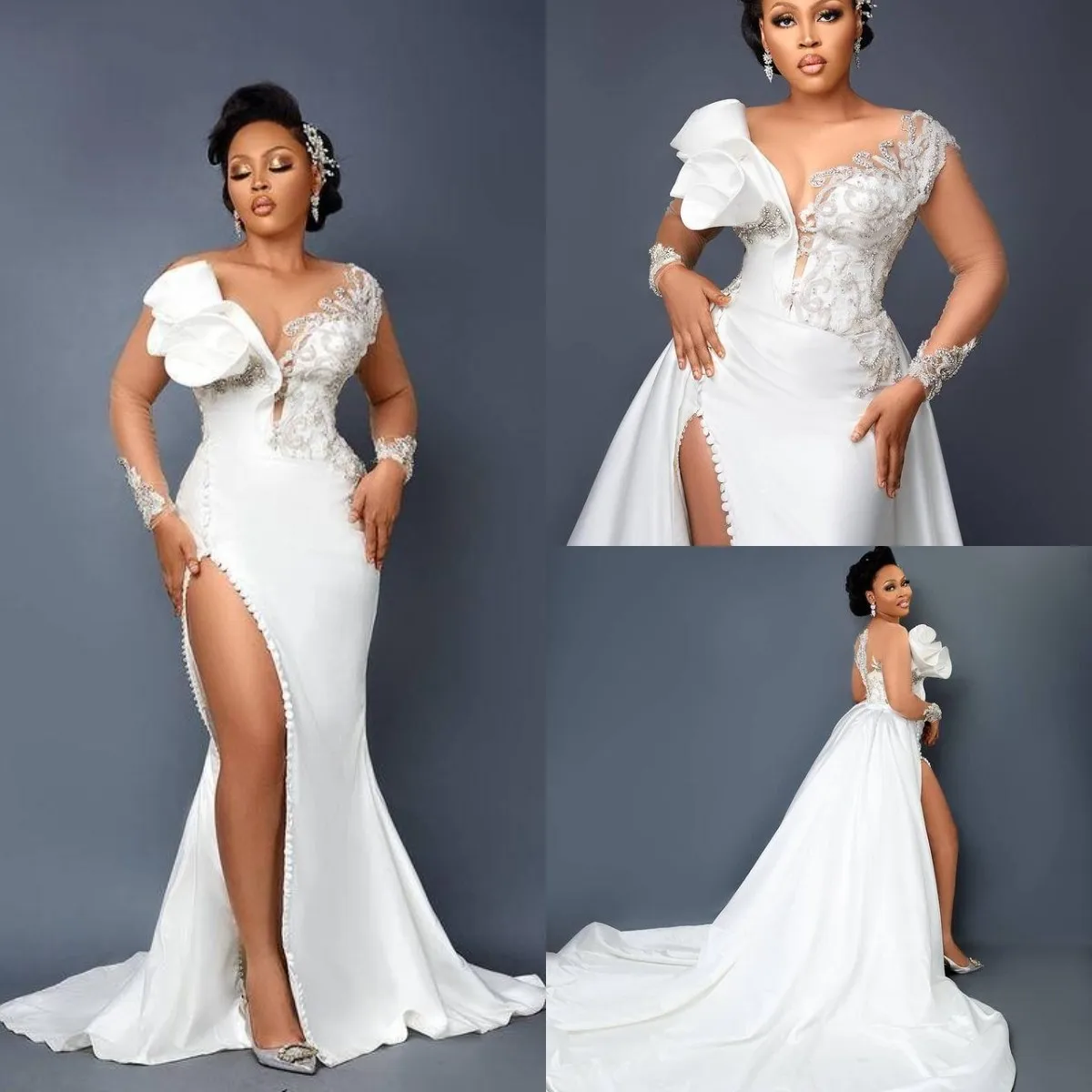 Plus Size Split Mermaid 2021 Satin Wedding Dresses Bridal Gowns With Detachable Train Lace Appliqued Beaded Long Sleeve Robe de