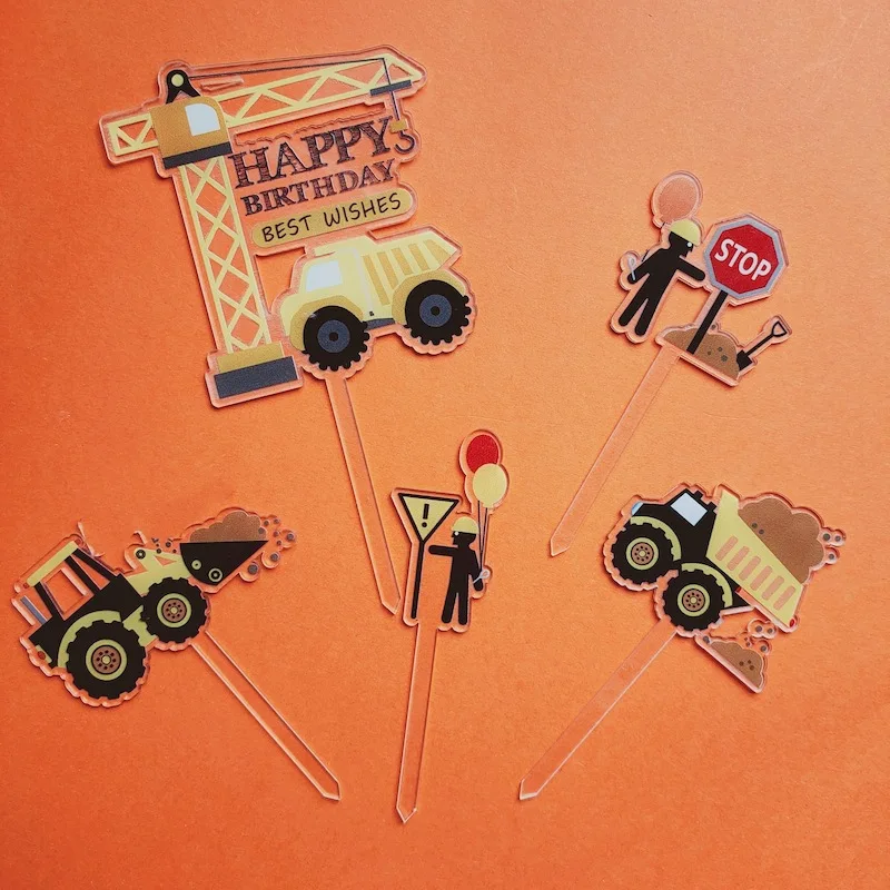 

5pcs/lot Engineering Vehicle Happy Birthday Cake Toppers Acrylic Birthday Cupcake Topper for Kids Birthday Party Cake Decoration