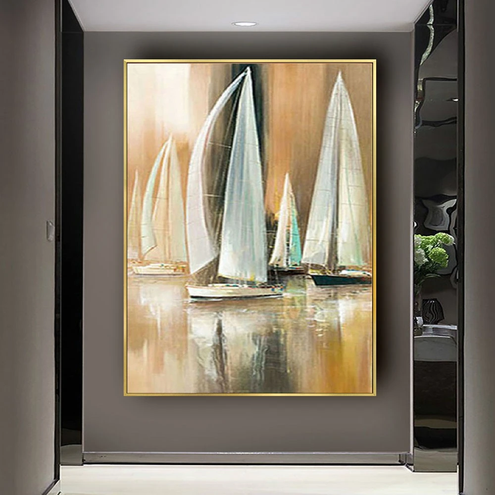 100% Handpainted Oil Painting On Canvas Color Sea Boat Oil Painting Abstract Modern Canvas Wall Art Living Room Decor Picture