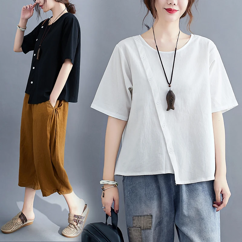 Blusa de lino y algodón con dobladillo Irregular en la parte delantera con botones, Top de verano de manga corta, blusa informal holgada de talla grande en negro, blanco y caqui