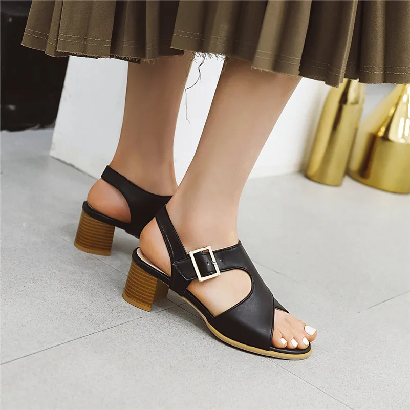 Meotina Summer Sandals Women Shoes Buckle Thick High Heels Party Shoes Fashion Open Toe Sandals Lady Yellow 2020 Plus Size 34-43