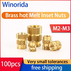 Brass Hot Melt Inset Nuts Heating Molding Copper Thread Inserts Nut SL-Type Double Twill Knurled Injection Brass Nut M2M3 100Pcs