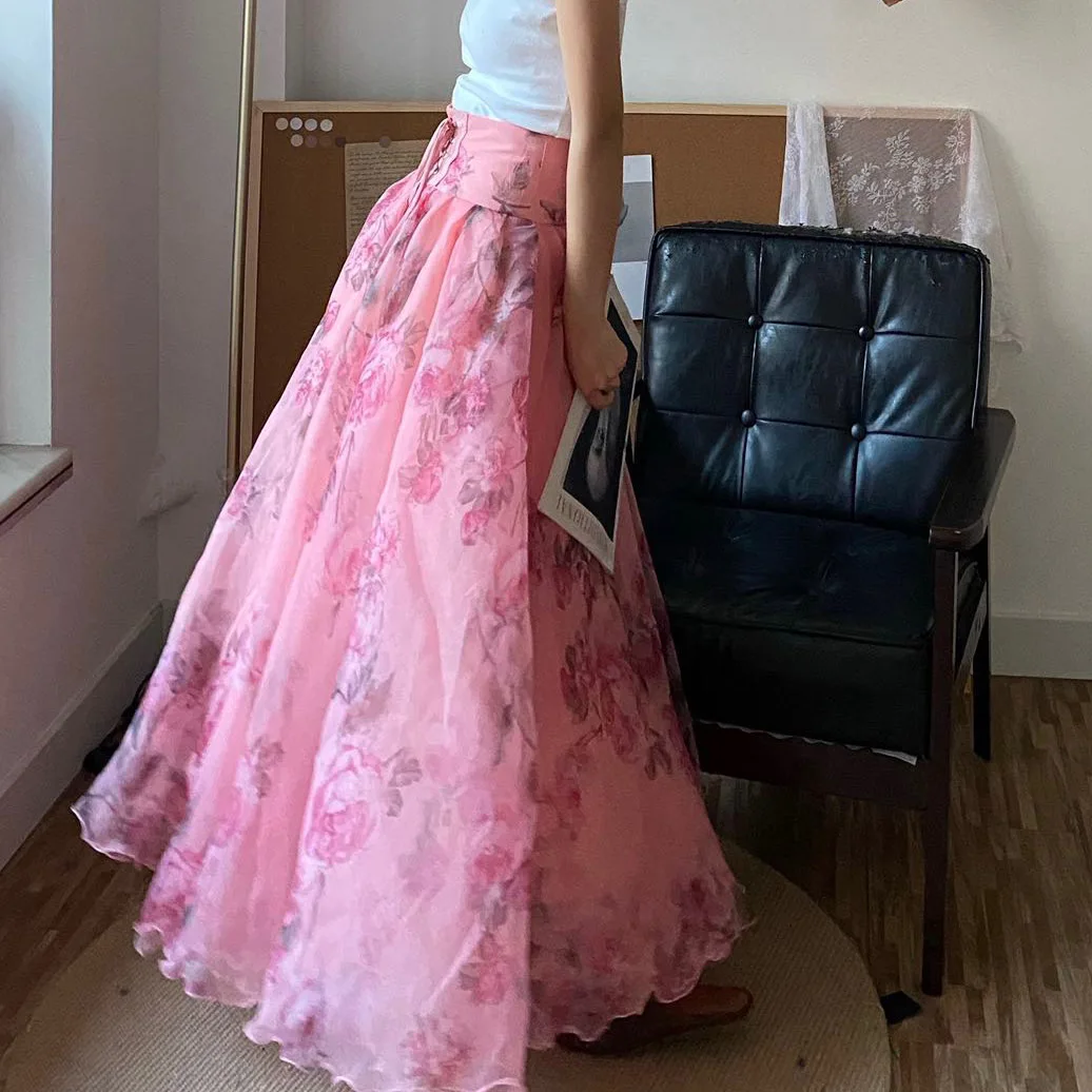 Female High Quality Plus Size Spring Fashion Girl Pink Floral Print Organza High Waist Fluffy Tutu Maxi Long Skirts for Womens