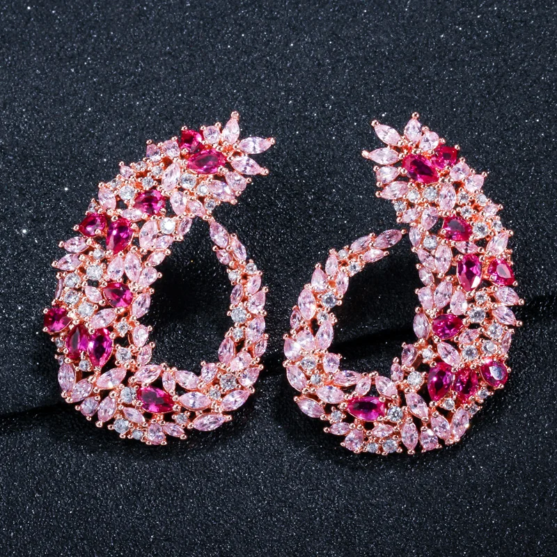 CWWZircons Funkelnde Zirkonia Silberfarbene Große Blumen-Creolen für Damen, Brautschmuck, Hochzeitsschmuck, Accessoire, Großhandel E0083 – Detail 6
