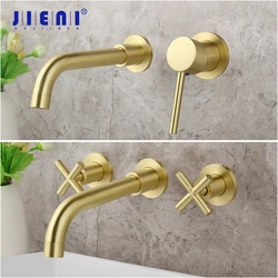 JIENI Luxury Brushed Golden Tap Wall Mounted Bathroom Basin Sink Faucet Solid Brass Hot & Cold Mixer Golden Bathtub Faucet