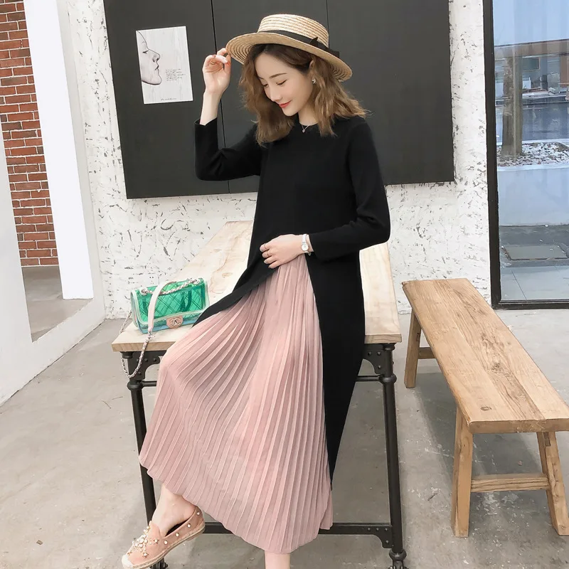 New Autumn Maternity Lactation Dress Long-sleeved Nursing Clothes Chiffon Stitched Postpartum Women Breastfeeding Dress