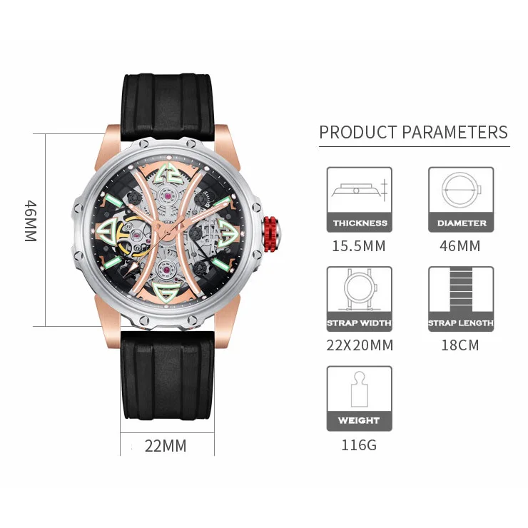 HANBORO Men Watch Top Luxury Brand Mens Automatic Watches 50m Waterproof Luminous Mechanical Wristwatch Skeleton Rubber Strap