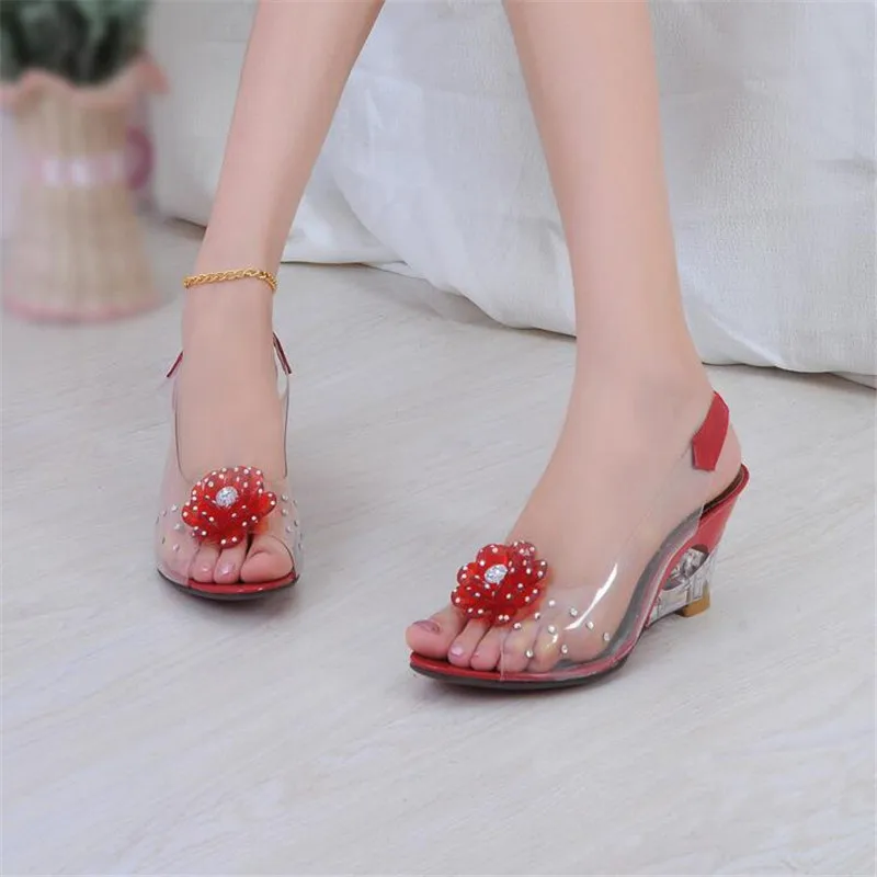 Girls High heel Shoes Women Crystal Slipper Wedge Sandals Female Sweet  Crystal Transparent High Heels Rhinestone Wedge Sandals