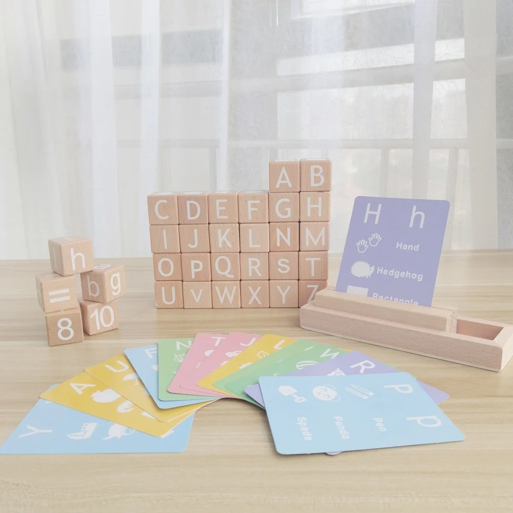 31pcs/set with 50pcs Cards Wooden ABC Alphabet Letters Counting Stacking Blocks Wooden Toy for Toddlers Educational Learning