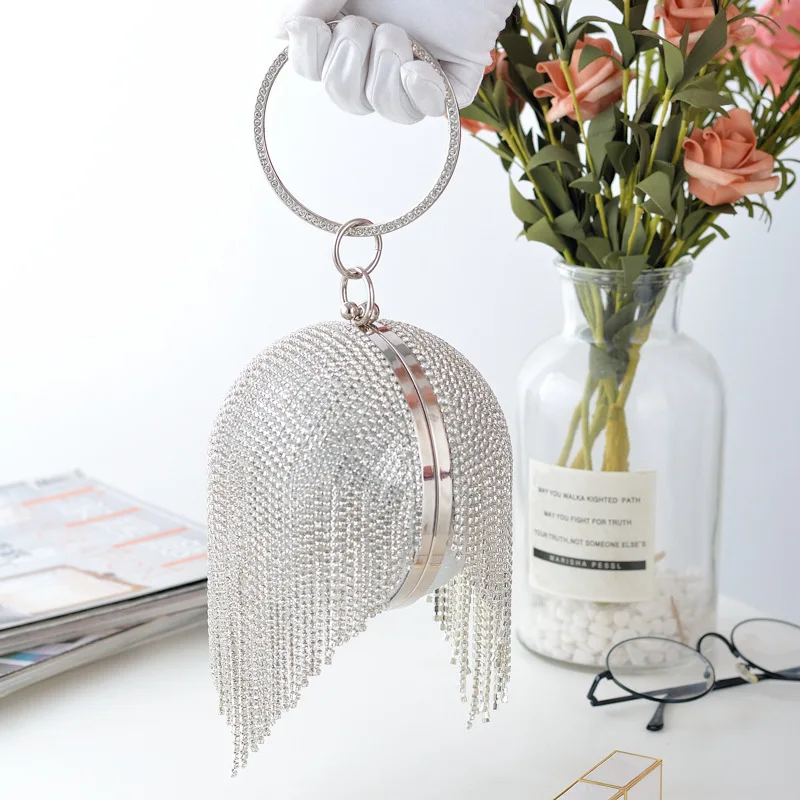 

Rhinestone Tassel Dnner Bag For Women Luxury Circular Diamonds Evening Banquet Party Clutch Purse 2022 New Chains Handbags