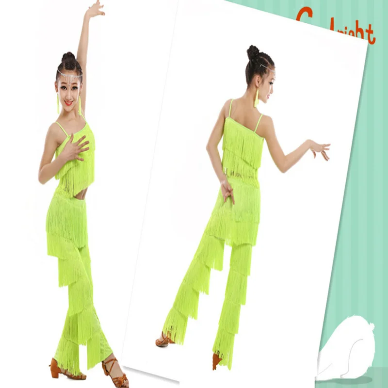 Latin Dance Dress For Kids Girls Adult Ballroom Tassel Fringe Tops Pants Salsa Samba Costume Children Dance Competition Costume