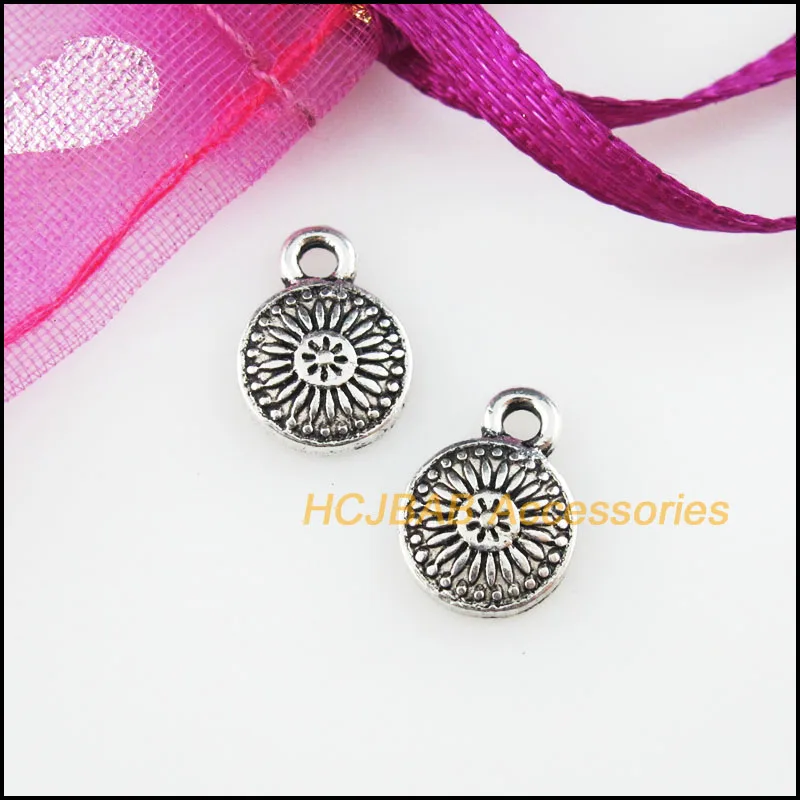 60 New Flower Charms Tibetan Silver Color Round Pendants 7.5x10.5mm