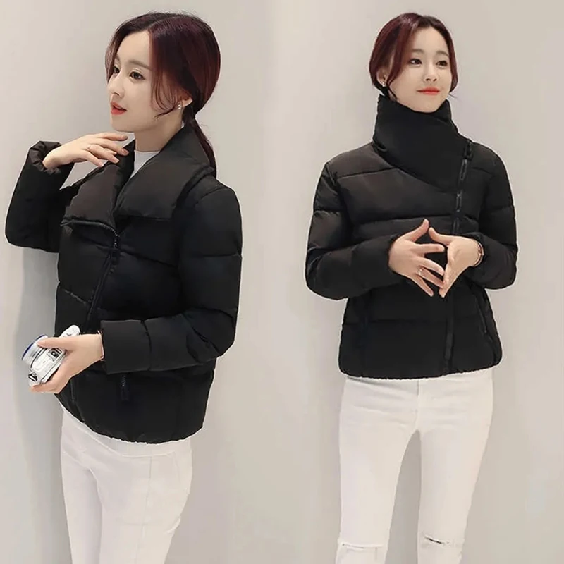 Winter Slim Short Jacket Women Elegant Solid Color Big Turn-Down Collar Zipper Cropped Parka Thick Warm Down Cotton Quilted Coat