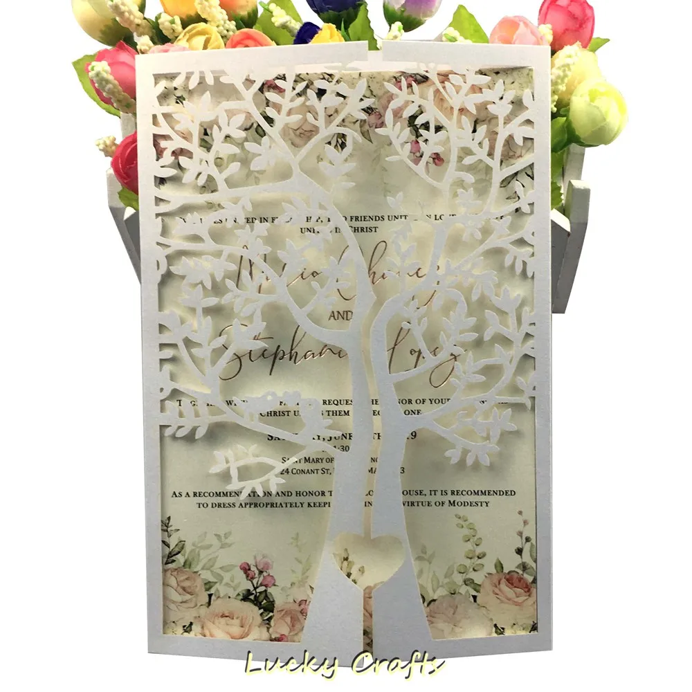 1X Laser Cut White Red Navy blue Gold Gray Tree Gate fold Wedding Invitations Cards Party Invite Bridal shower Greeting Birthday