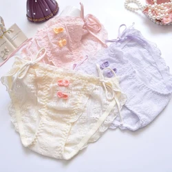 Bandage Ruffle Princess Cotton Underwear Embroidery Lace Middle Waist Women's Panties Cute Lovely Sweety Female Lingerie Breifs