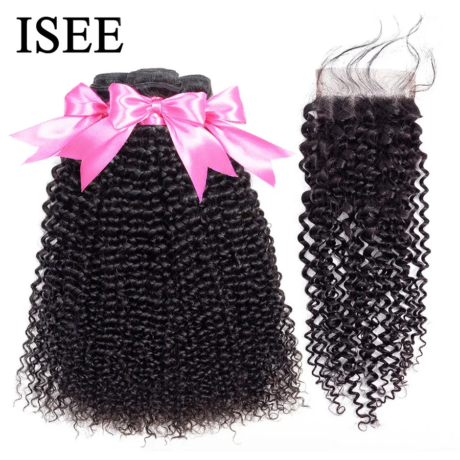 Mongolian Kinky Curly Human Hair Bundles With Closure ISEE HAIR Extensions 3 Bundles With Closure Curly Bundles With Frontal