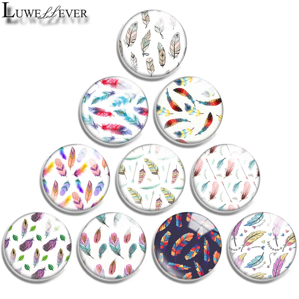 12mm 16mm 20mm 25mm 30mm 40mm 726 Indiana Feather Mix Round Glass Cabochon Jewelry Finding 18mm Snap Button Charm Bracelet