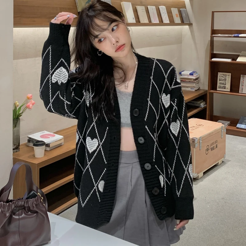 2021 autumn Winter korean style Love Embroidery knittd cardigans womens loose sweaters Cardigans womens (C8213