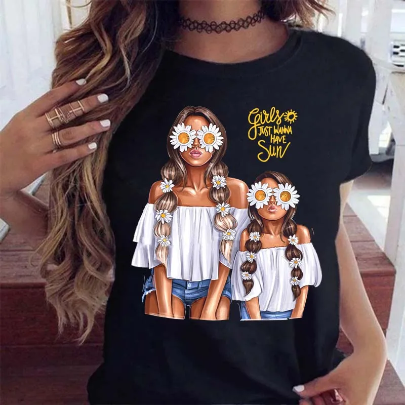 Women Clothing Cartoon Family Happy Time Mama Mom Mother Short Sleeve Clothes Print Tshirt Female Tee Top Graphic Black T-shirt