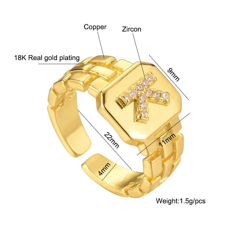 Trendy 18k Gold Plated AAA Zircon Hip Hop Adjustable  A-Z Letter Ring Watch Band Square Gold Initial Rings For Women