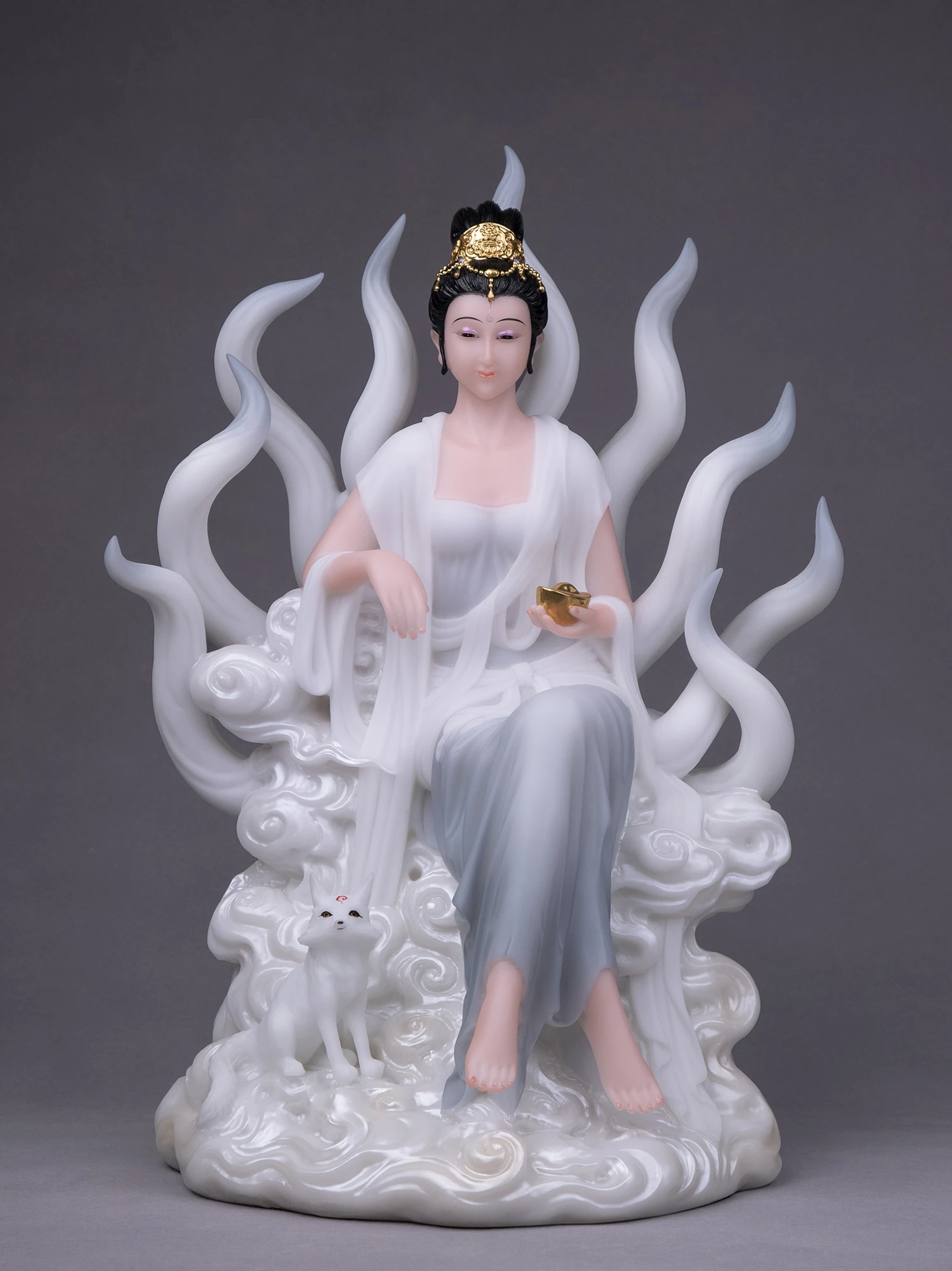 TT12/16/19-Inch White Marble Nine-Tail Fox Empress Decoration Fox Fairy Family-Protecting God