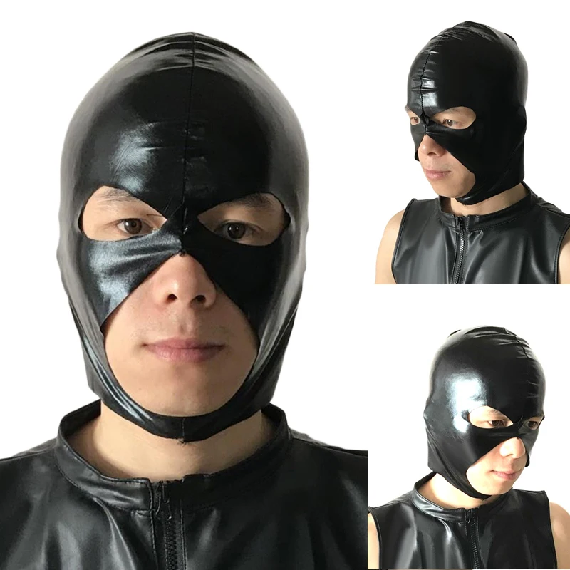 PVC Black Mask Full Head Hood Cosplay Costume Party 3 Holes Artificial Leather Hot Wet Look Spandex