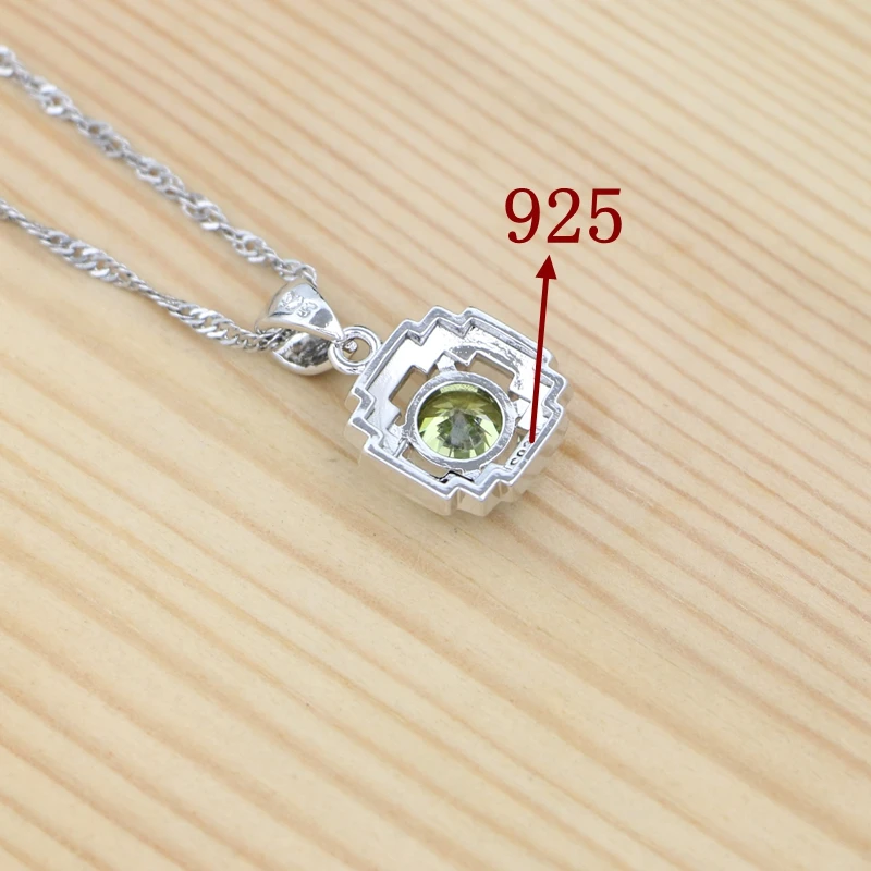 Woman Silver 925 Jewelry Set Olive Green Cubic Zirconia Square Hollow Earrings Ring Necklace Pendant Set