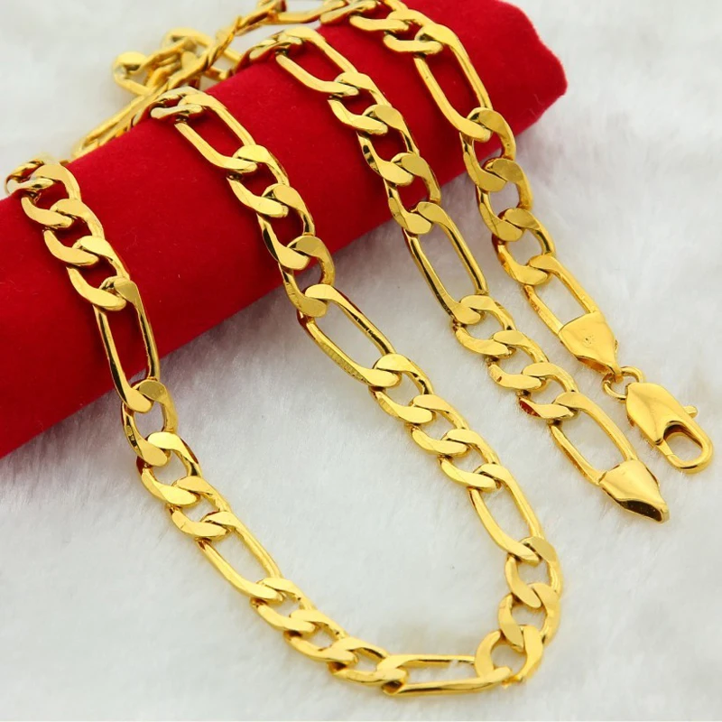 Pure Gold Color 4mm 6mm 8mm Figaro Chain Necklace for Men,Original 24k Gold Plated Fashion Women Men\'s Hip Hop Rock Jewelry