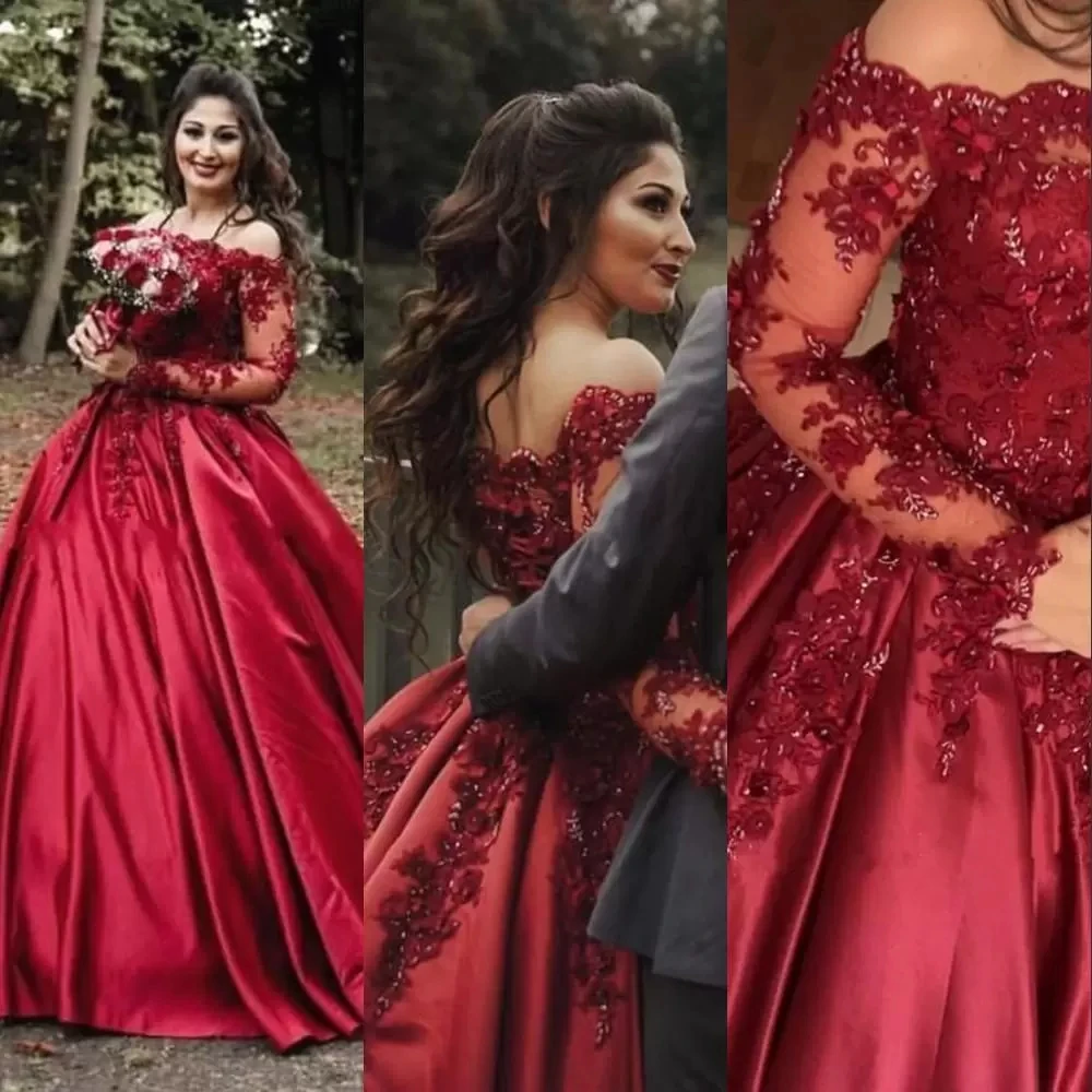 Vestido de novia Formal con hombros descubiertos, traje de boda de color rojo oscuro, Burdeos, manga larga, Apliques de encaje satinado, cuentas, talla grande, 2022