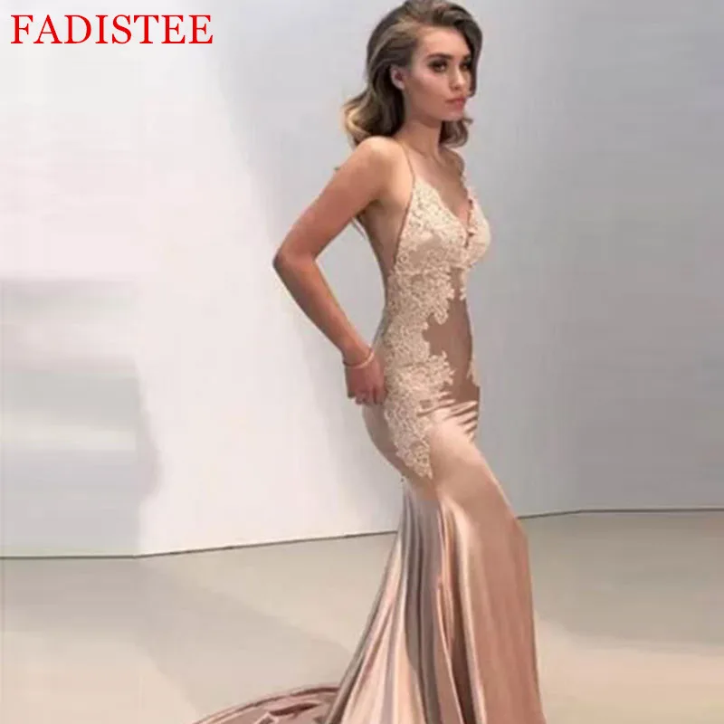

New Style Sexy Backless Prom Party Dress Vestidos De Festa 2021 Robe De Soiree Prom Dresses Lace Appliques V-neck