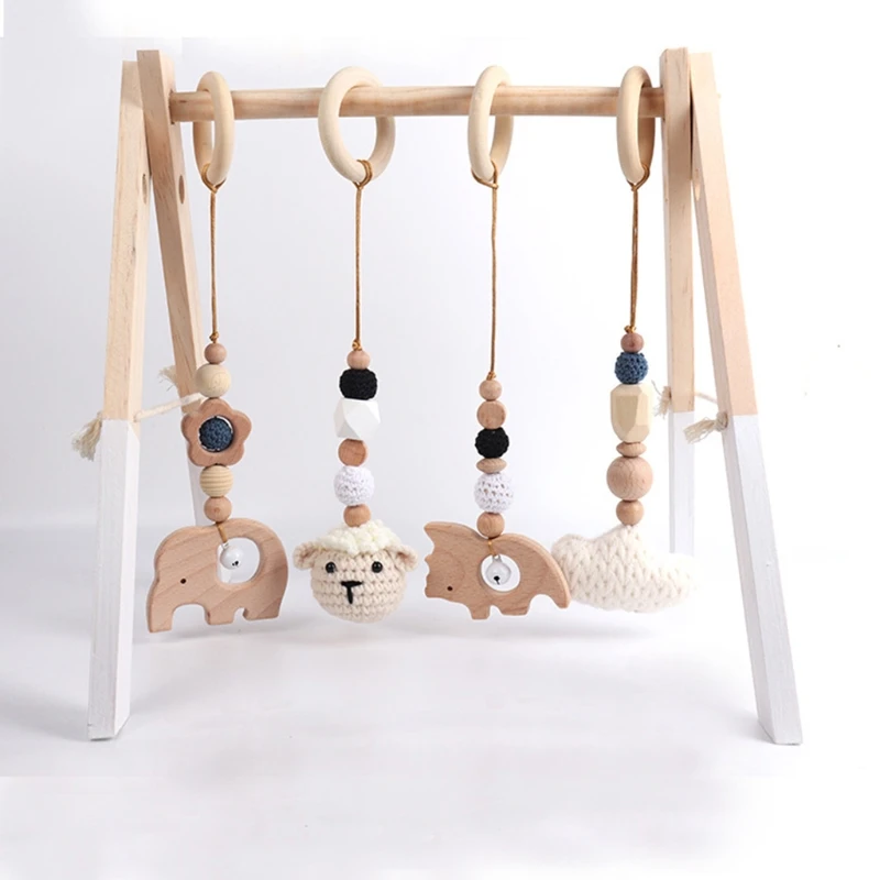 4 Pcs/Set Baby Gym Frame Pendants Crochet Rattle Wooden Teether Infant Newborn Teething Nursing Toys Shower Gifts Room Decor