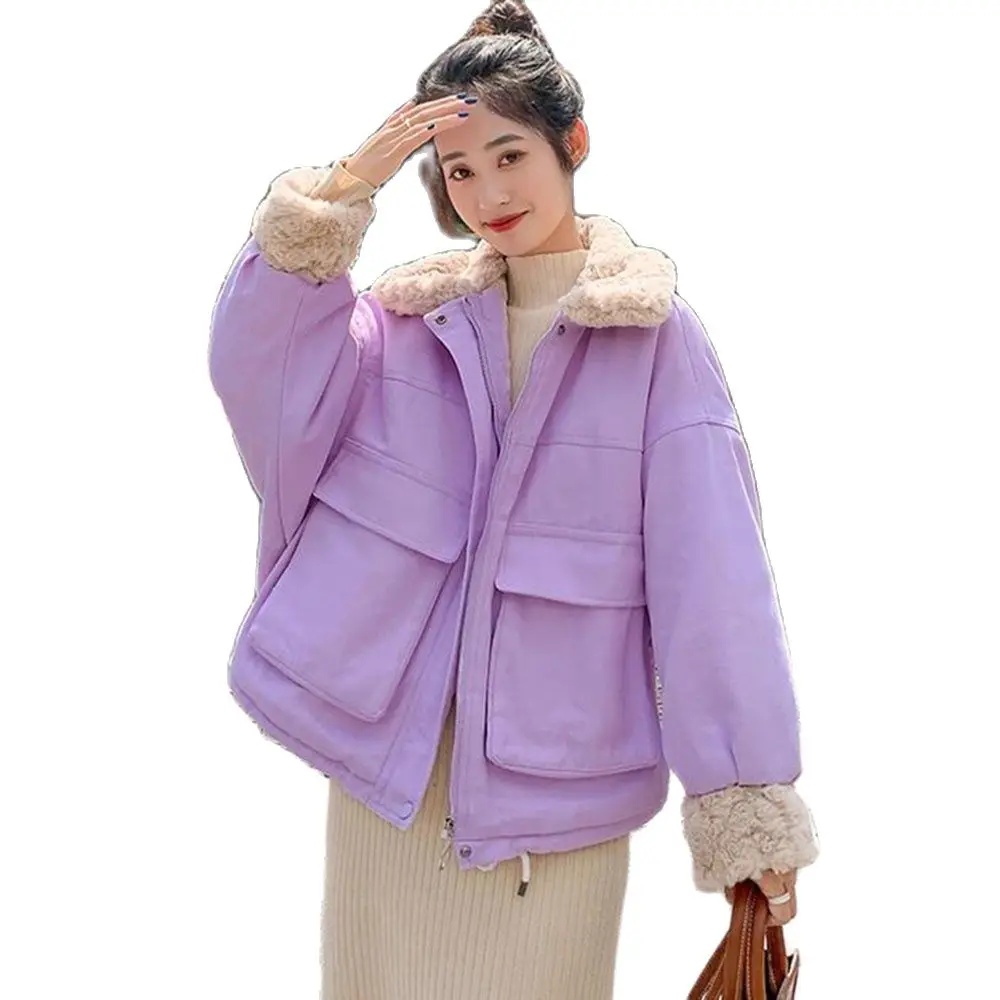 2026 New Winter Jacket Women Cotton Coat Parker Lambswool Fur Collar Keep Warm Coat Loose Casual Short Overcoat Female