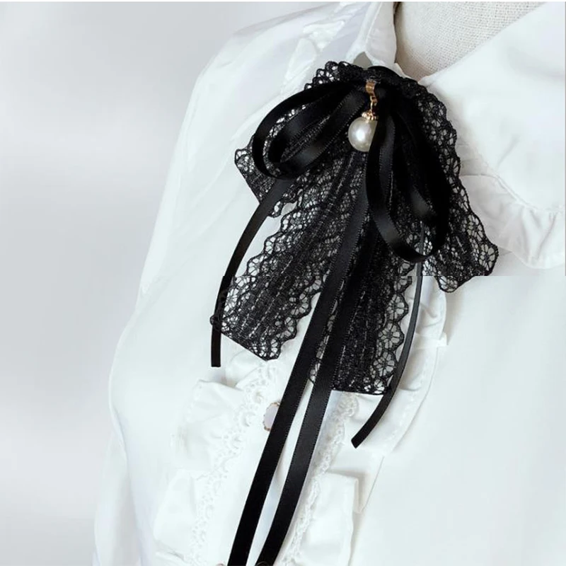 Hand-made Black Ribbon Bow Tie for Women Fashion Crystal Shirt Blouse Bowknot School student Shirt Business Clothing Accessories