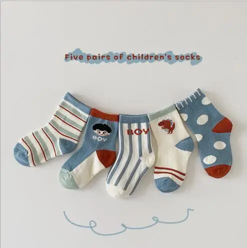 

5Pairs/lot 1-12 Year 2021 autumn new striped polka dot socks cartoon dinosaur combed cotton boy socks