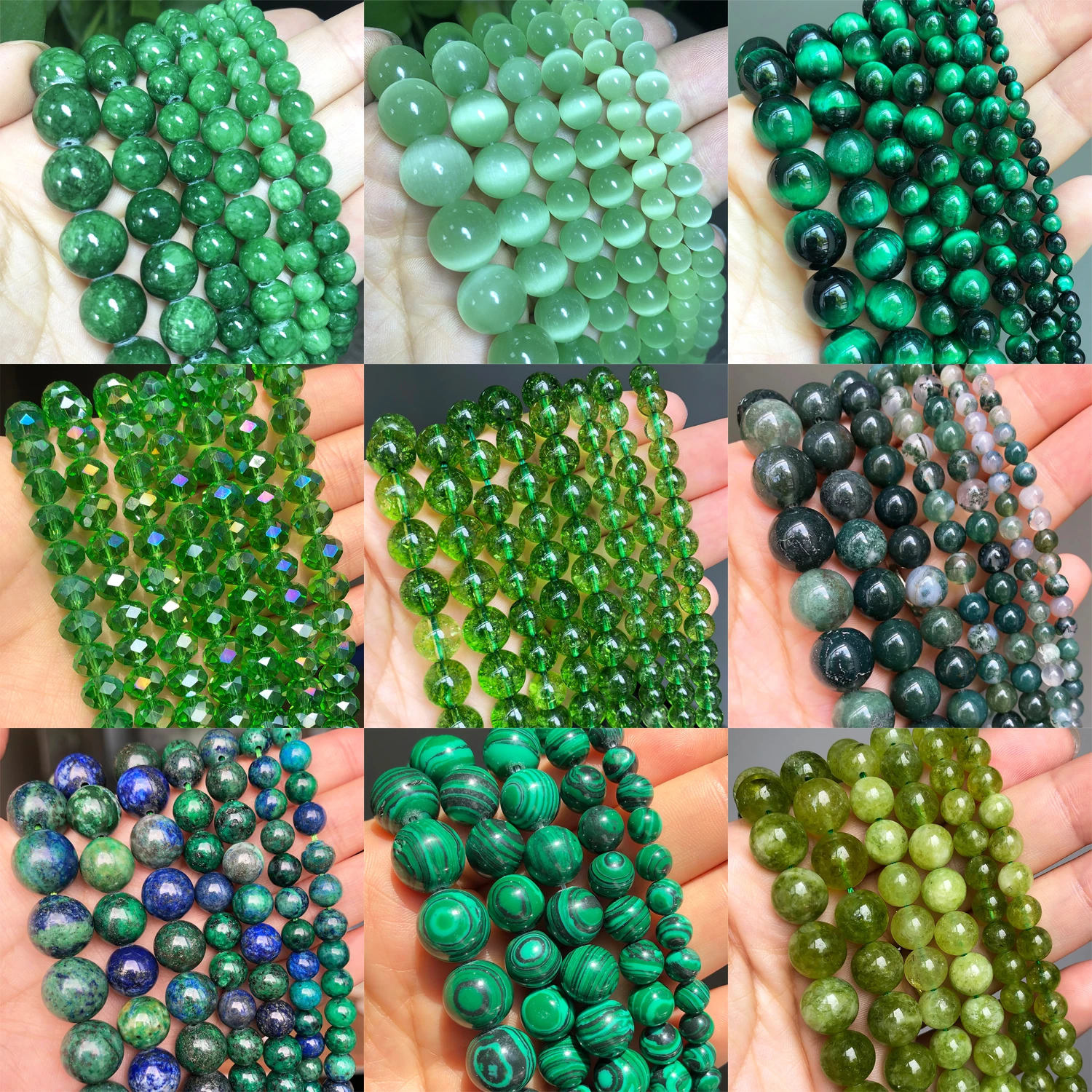 4-12mm Natural Stone Green Series Gems Malachite Peridot Turquoises Crystal Agates Round Beads For Jewelry Making DIY Bracelets