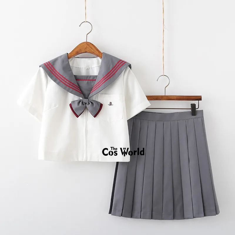 

[Kawano] White Gray Summer Navy Sailor Suit Tops Skirts JK High School Uniform Class Uniform Students Cloth