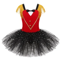 Kids Girls Tutu Dance Dress Halloween Circus Ringmaster Costume Dancewear Sleeveless Sequins Mesh Leotard Christmas Outfit