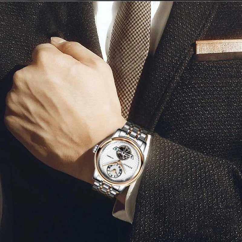 ساعة ميكانيكية أوتوماتيكية للرجال، ساعات رجالي بورمان فاخرة للرجال، ساعة يد ذاتية الرياح مقاومة للماء، هيكل عظمي، حزام فولاذي