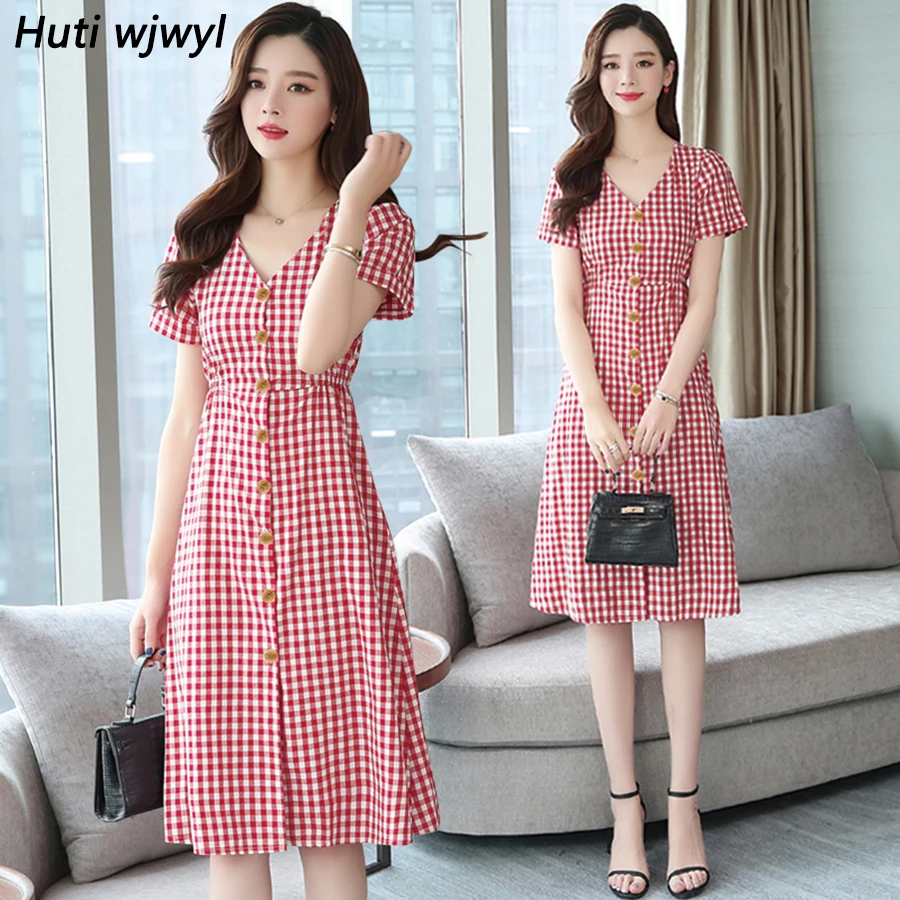 

2022 Summer Plus Size Red Beach Sundress Plaid Cotton Midi Dresses Women Elegant Bodycon Tshirt Dress Party Short Sleeve Vestido