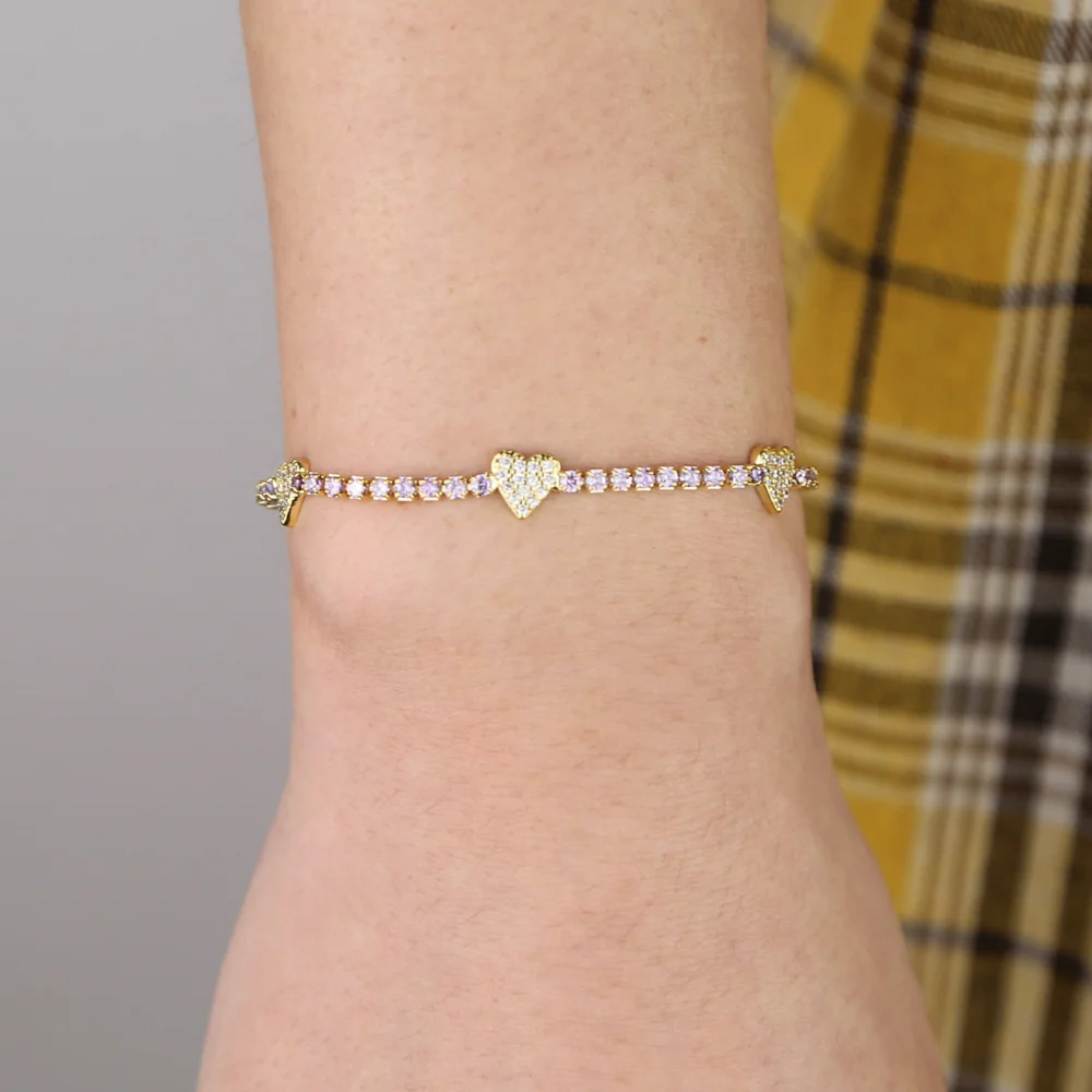 2025 Delicate Colorful White Purple Pink Thin Tennis Cz Heart Chain Bracelets For Women Lover Elegance Gifts Jewelry