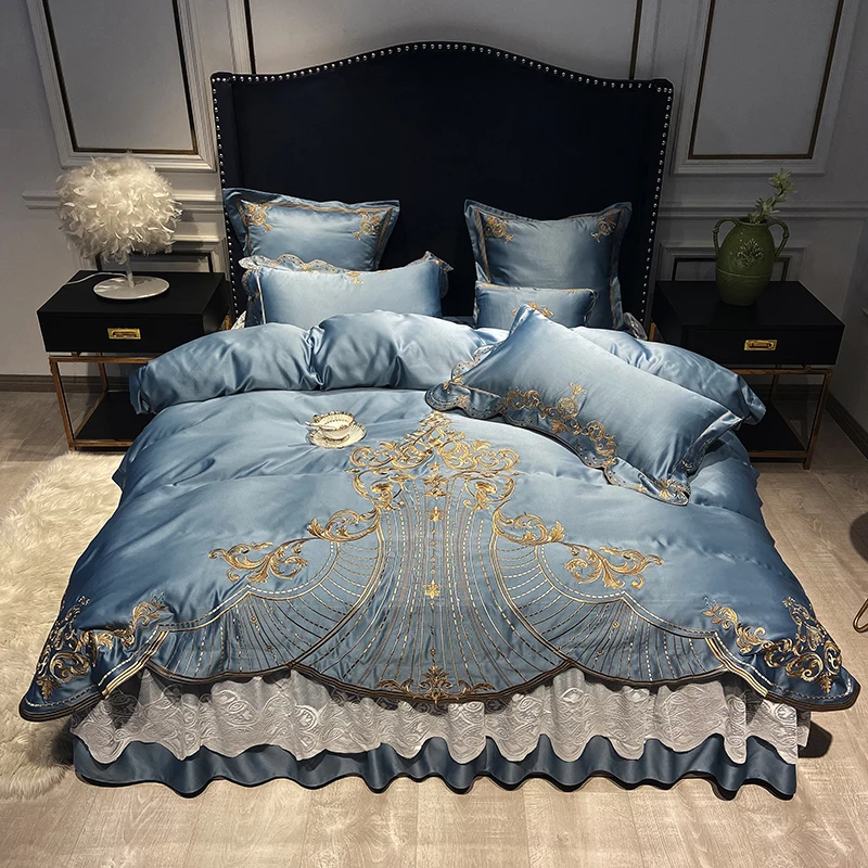 

Brand Luxury Satin Egyptian Cotton Bedding Set Gold Embroidery Europe Palace Duvet Cover Bedsheet Lace Bed Skirt Pillowcase