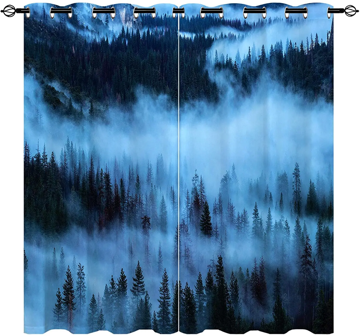 Double Bedroom Blackout Curtains Natural Scenery Themed Fog Forest and Woodland Elegant Room Curtains Can Be Short Curtains