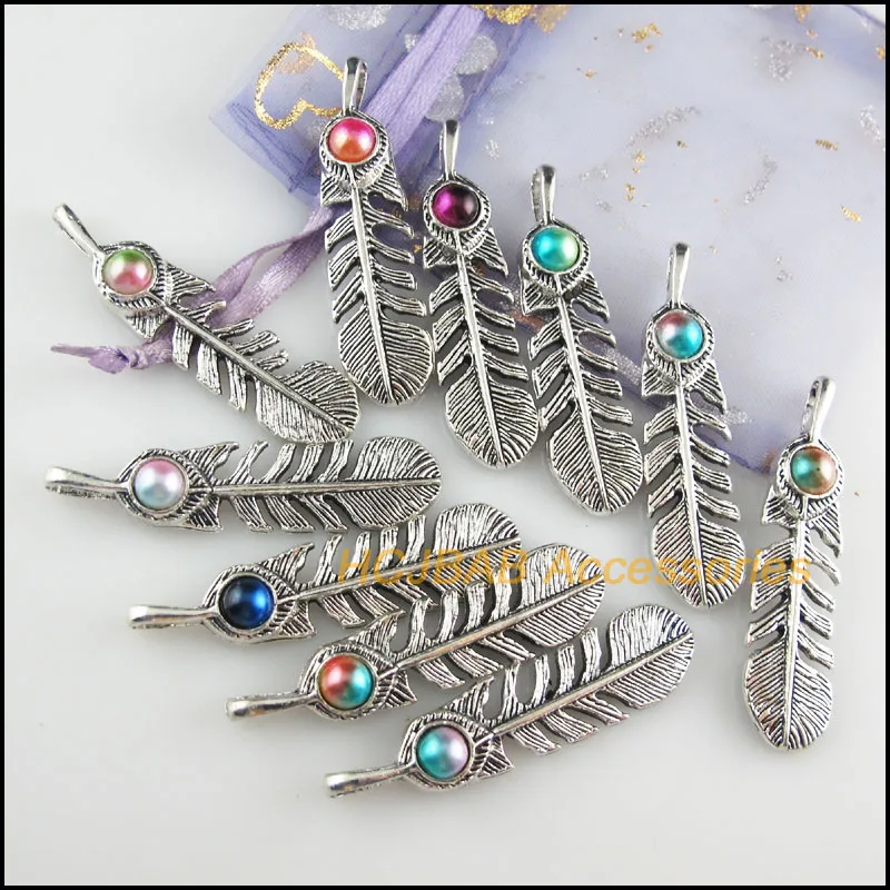 10Pcs Tibetan Silver Tone Retro Leaf Feather Mixed Colored Acrylic Charms Pendants 12x48.5mm