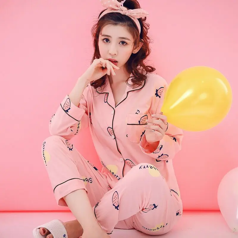 

H5691 Korean Women Pajamas Spring Autumn Long Sleeve Nightwear Ladies Cartoon Loose Lapel Sleepwear Girls Sweet Home Wear Suit