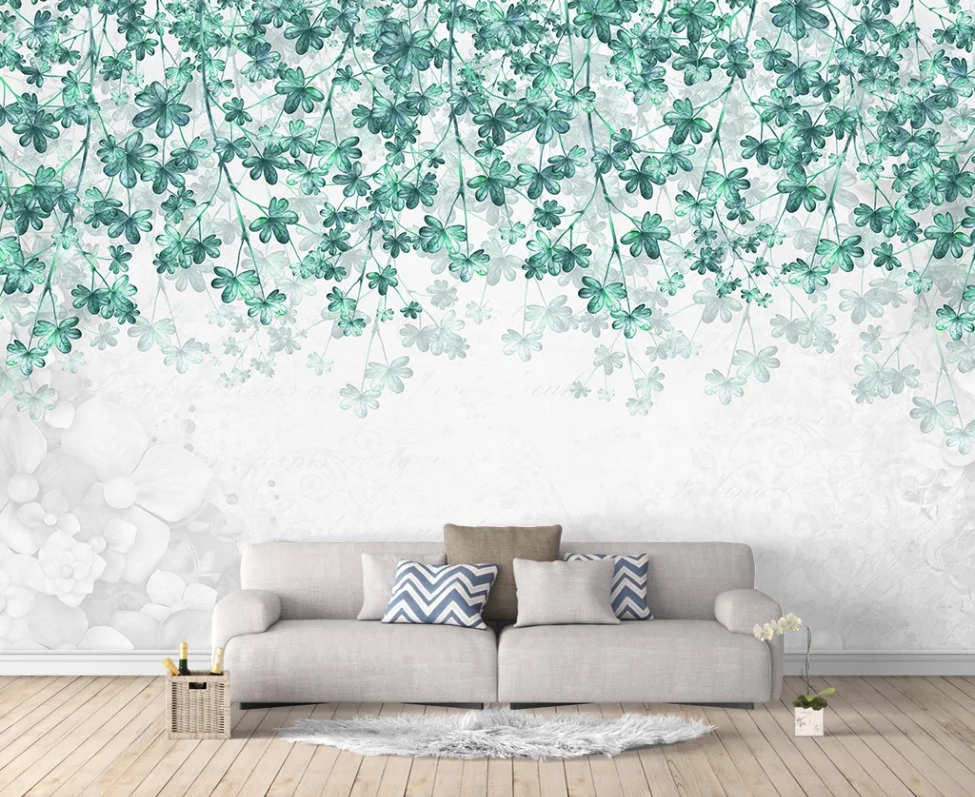 XUE SU Disesuaikan Besar Lukisan Dinding Wallpaper Minimalis Modern Segar Hijau Daun Pribadi Living Room Latar Belakang Dinding