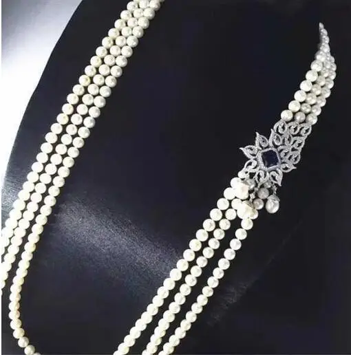 free shipping 3row 7-8MM White pearl Jewelry zircon flower Hot sell necklace 24-26inch